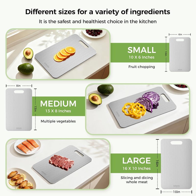 sufkodu Titanium Cutting Board Set of 3, Titanium Cutting Boards for Kitchen, 100% Double-Sided Titanium Cutting Boards, Separate Raw and Cooked Food Areas, Non-Toxic, Dishwasher Safe (S+ M + L) - Image 3